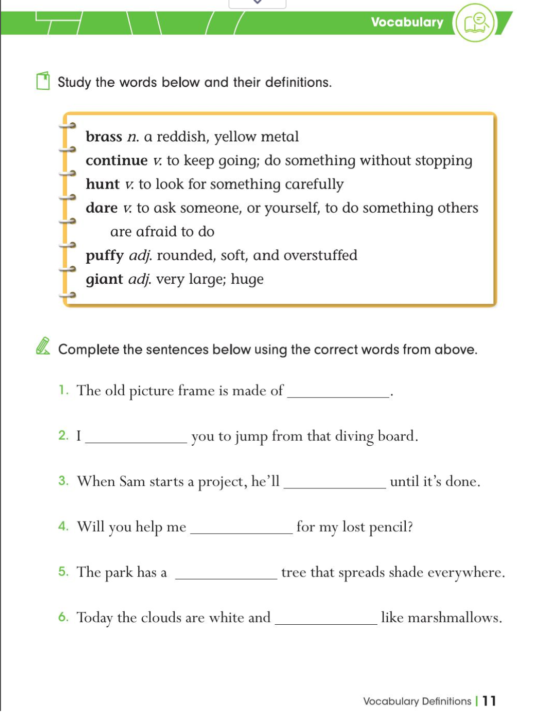 Vocabulary Eye Level G 2 Complete Sentences with words, using Definition as guide